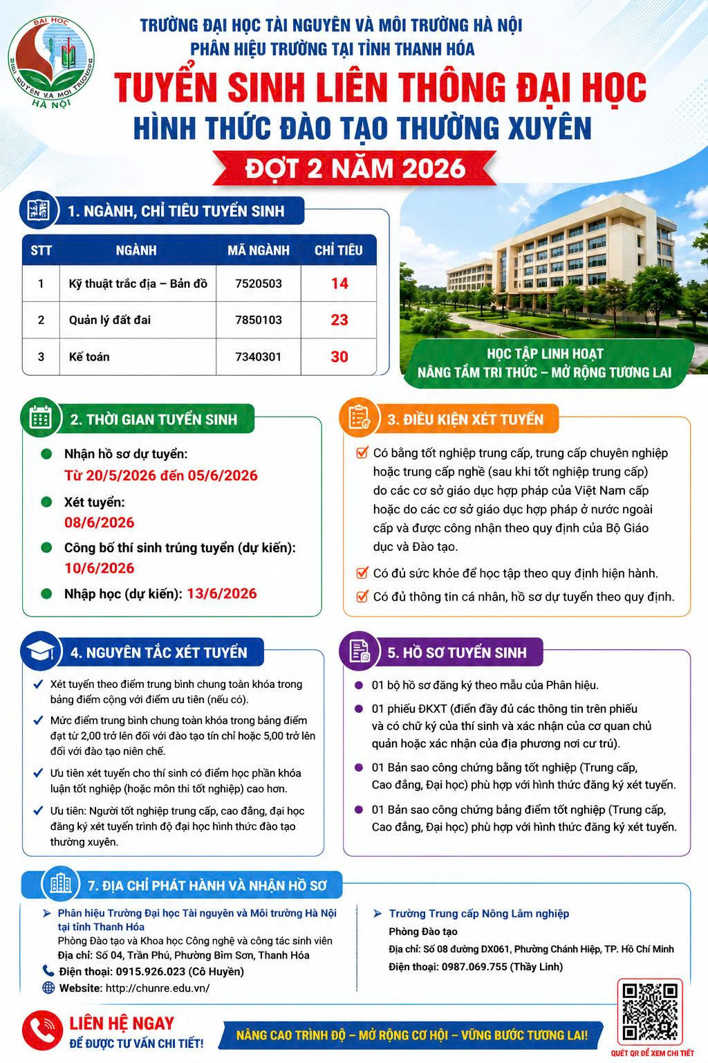 Thông báo tuyển sinh trình độ Đại học, hình thức đào tạo thường xuyên đợt 2 năm 2026 (Kỹ thuật trắc địa - Bản đồ; Quản lý đất đai; Kế toán)